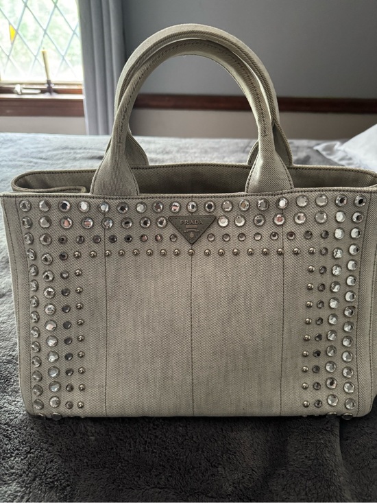 Prada Handbags - Prada Crystal-Studded Beige/Grey Canvas Tote